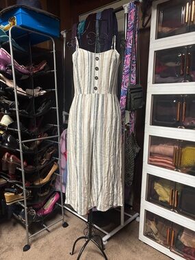 Striped Sleeveless Linen-Blend Jump suit in Cream and brown